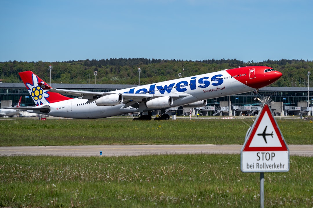 An Edelweiss Airbus A343 taking off from Zurich Airport.